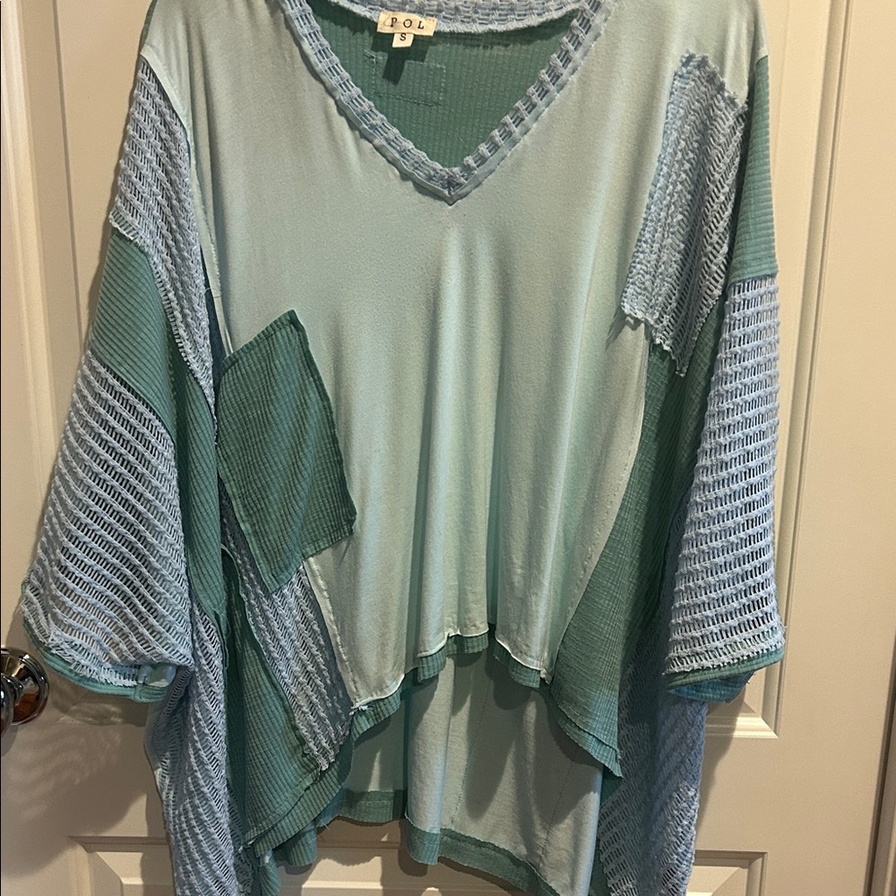 POL Women's Patchwork Draped Top - Blue and Green Size Small